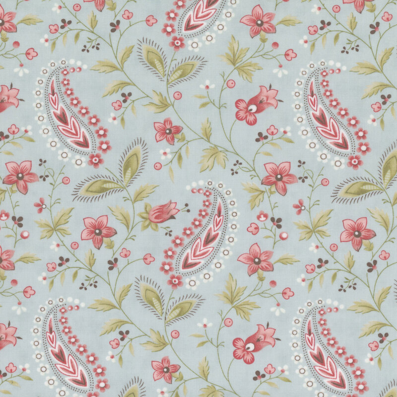 A blue fabric pattern featuring pink flowers and paisley designs intertwined with green leaves.