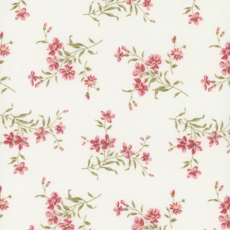 Repeating floral pattern with pink flowers and green leaves on a white background.