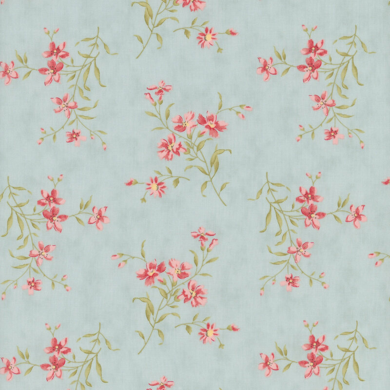 Light blue fabric featuring a delicate floral pattern with pink flowers and green leaves.