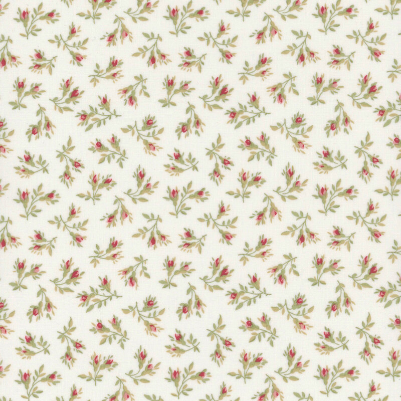 A delicate floral fabric with red blossoms and green leaves on a light cream background.