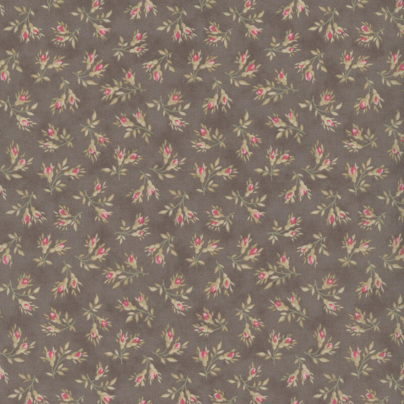 Fabric with delicate pink flowers and green leaves on a gray background.