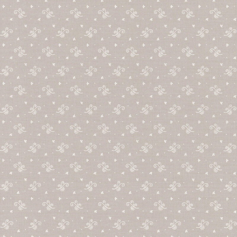 Light gray fabric with small white floral and dot patterns throughout.