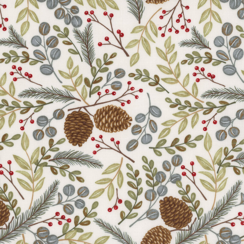 Seamless pattern of pinecones, berries, and leaves on a light background.