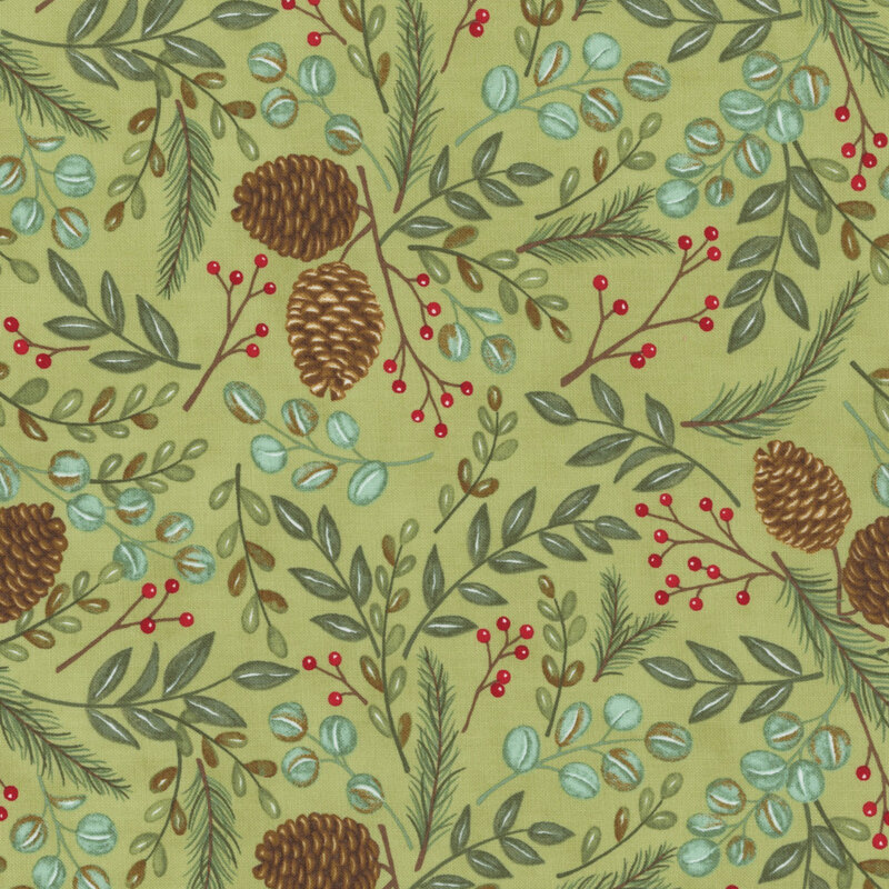 A patterned fabric featuring pinecones, berries, and leaves on a light green background.