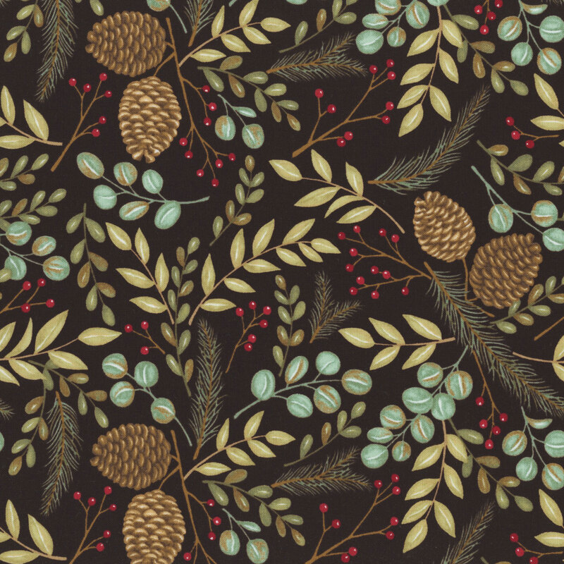 A dark fabric featuring a pattern of pine cones, leaves, and berries in green, gold, and red tones.