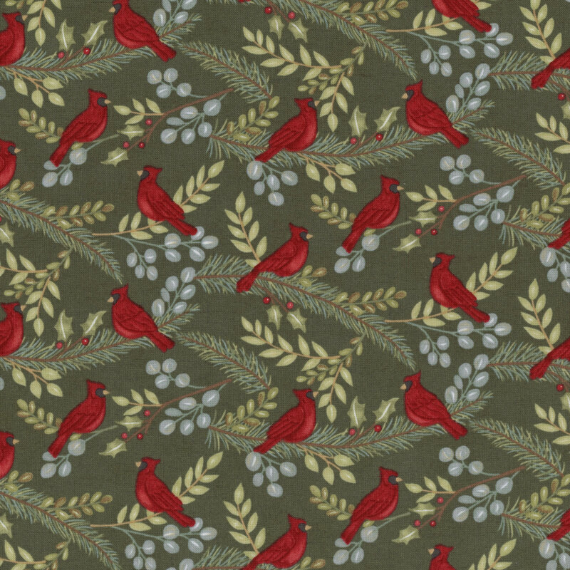 Red cardinals perched among green leaves and berries on a dark green background.