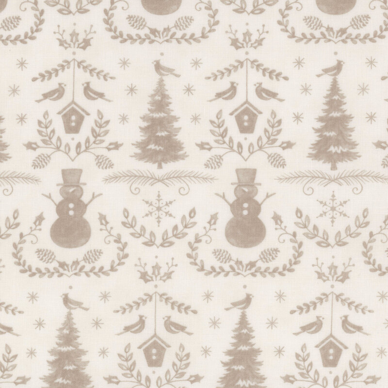 Cream fabric with an ornate damask pattern of snowmen, Christmas trees, and cardinals.