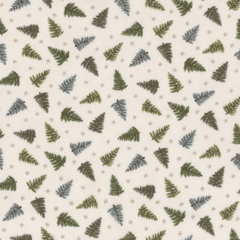 Cream fabric with tossed trees and simplified stars.