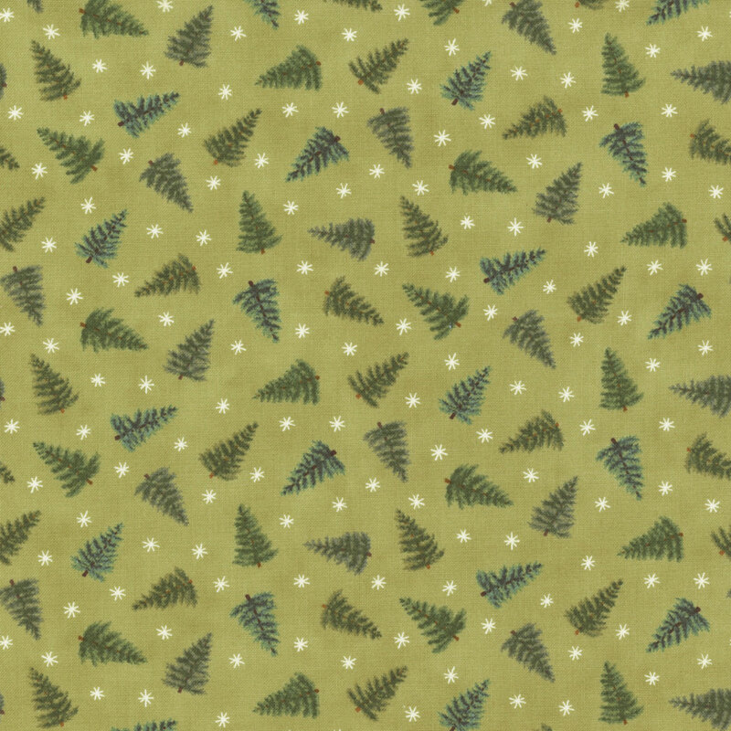 Holly green fabric with tossed trees and simplified stars.