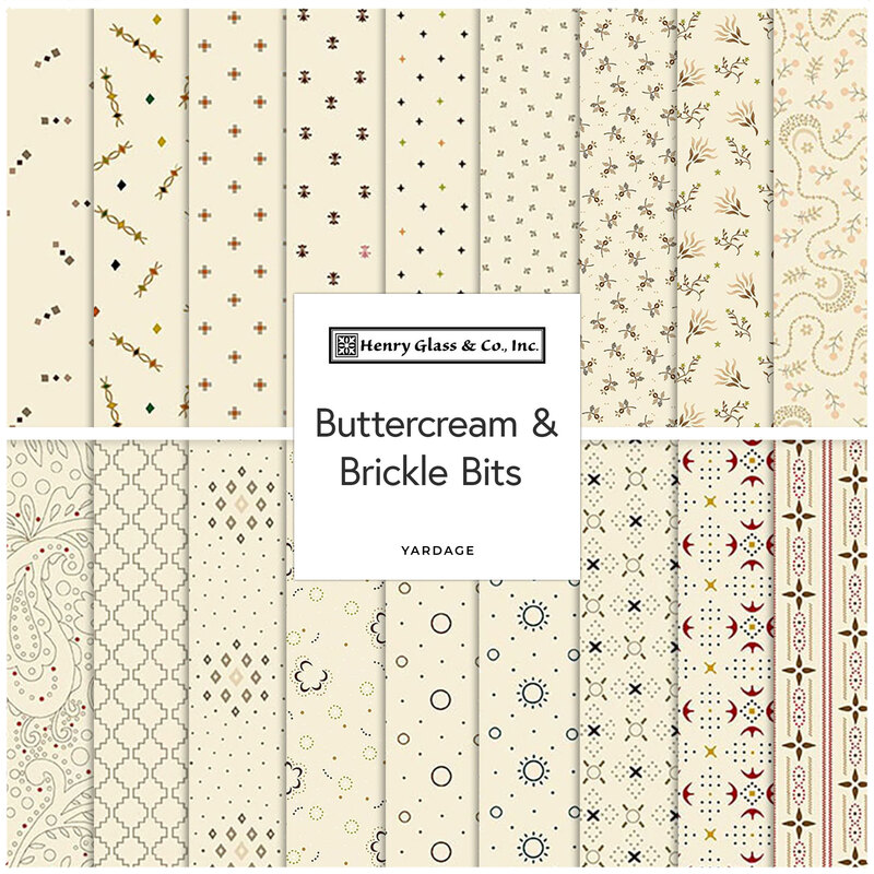 Collage of fabric patterns in cream with decorative designs labeled Buttercream & Brickle Bits.