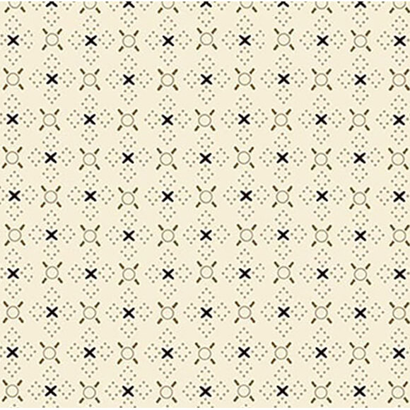 Repeating pattern of black circles and crosses on a light beige background.