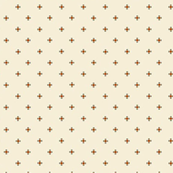 A cream-colored background featuring a repetitive pattern of small brown and green crosses.