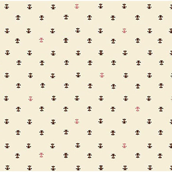 Cream-colored fabric pattern with small dark flowers and occasional light pink accents.