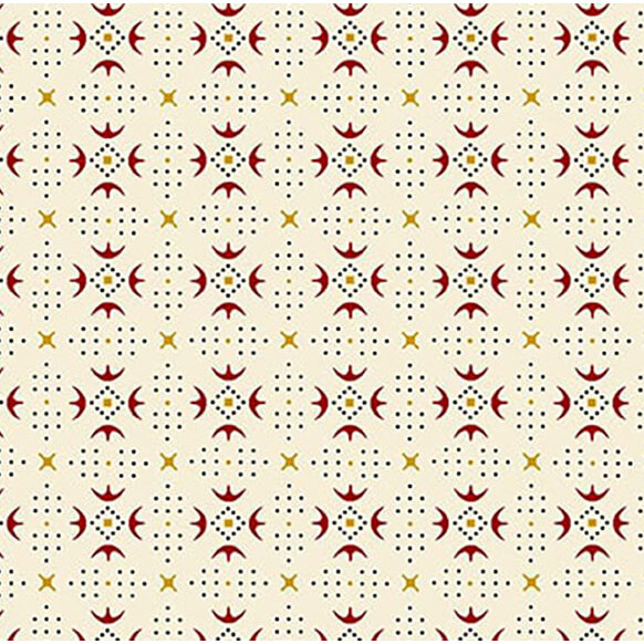 A repeating pattern featuring red and gold shapes on a light beige background.