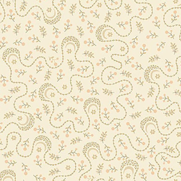 Light beige background with swirling green vines and small floral elements in pink and yellow.