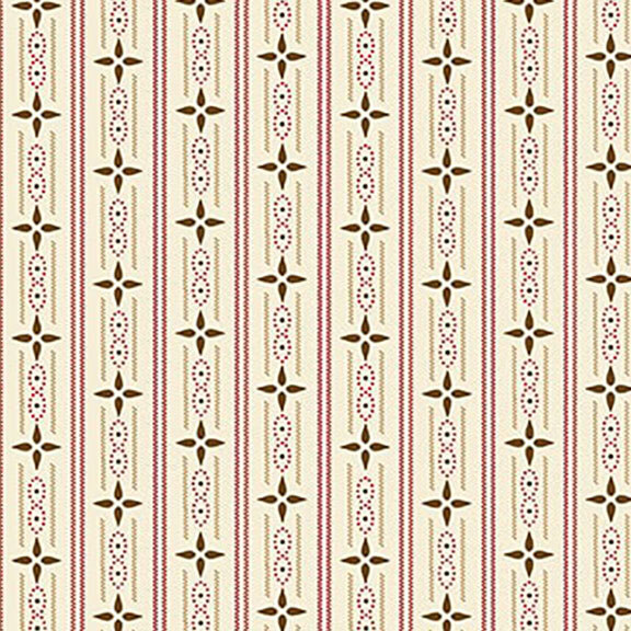 Vertical pattern of cream stripes with brown stars and dotted elements, accented by red lines.