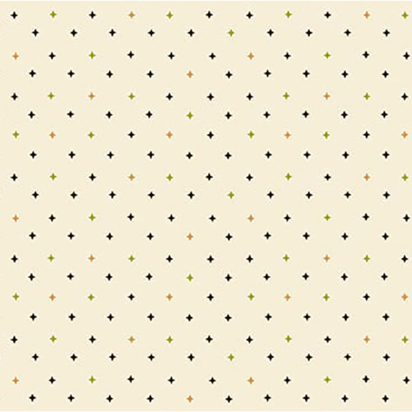 A light beige background with a repeating pattern of small black, yellow, and orange diamond shapes.