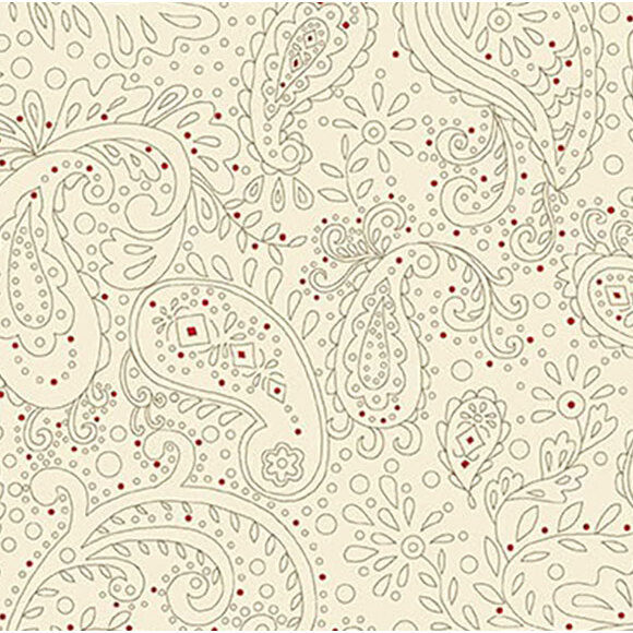 A light cream background features intricate paisley patterns in grey with red accents.