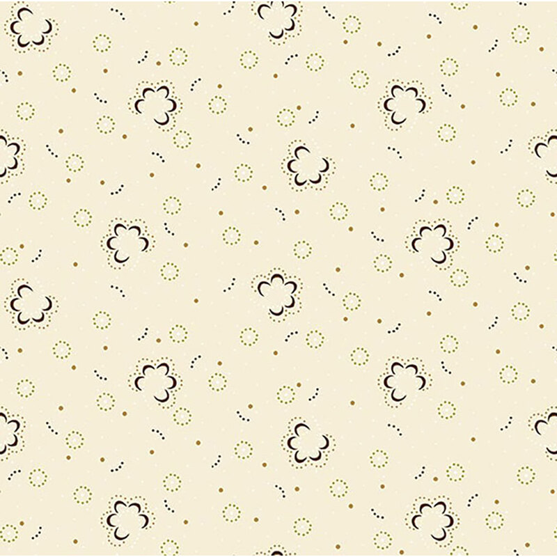 Pattern of cream background with scattered black outlined flower shapes and colorful dots.