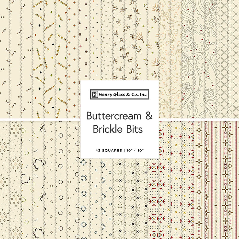 A fabric assortment titled Buttercream & Brickle Bits features various intricate patterns in cream and red.