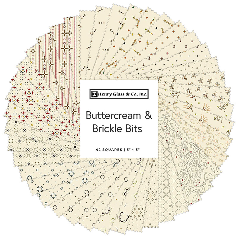 Various patterned fabric squares in shades of cream, labeled Buttercream & Brickle Bits.