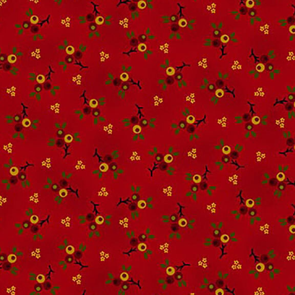 A red fabric pattern featuring yellow flowers, green leaves, and brown branches.