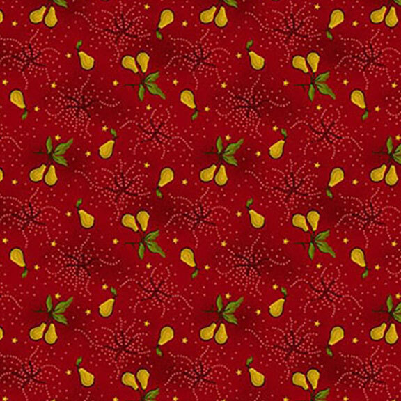 Red fabric pattern featuring yellow pears, green leaves, and whimsical swirls with small dots.