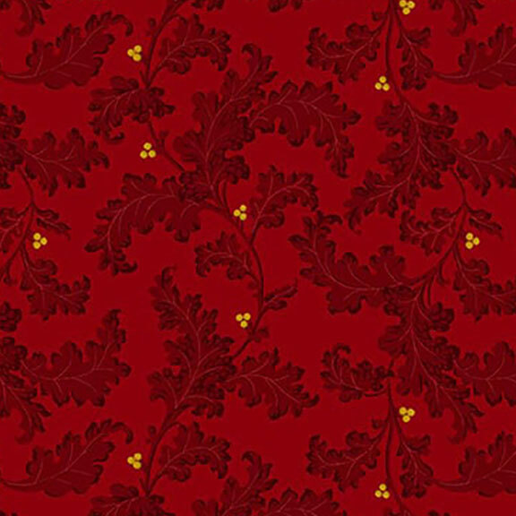 Decorative red fabric featuring embossed dark leaves and small yellow berry-like accents.