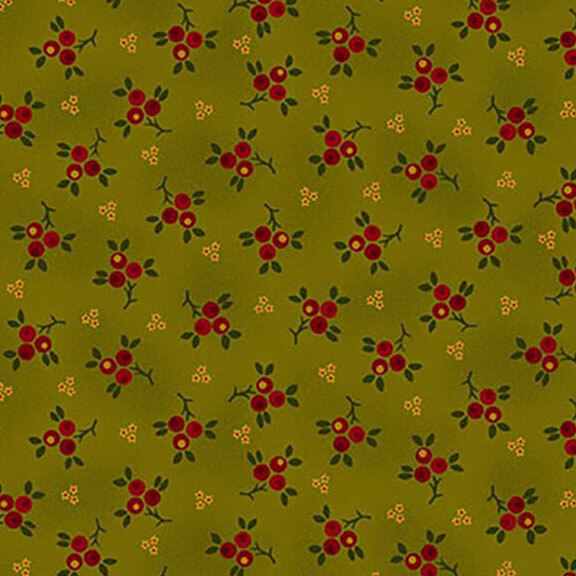 Repeating pattern of red flowers and green leaves on an olive green background.