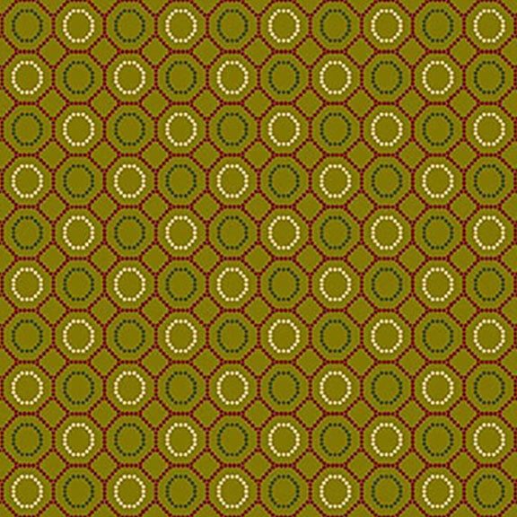 Pattern of alternating circles and hexagons in olive green, cream, and maroon colors.