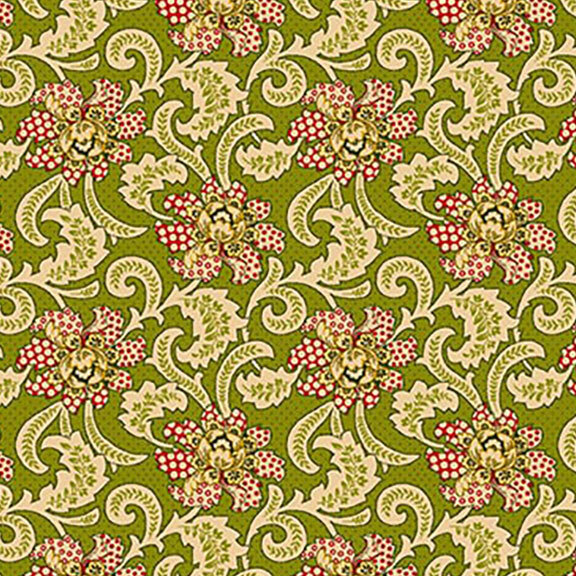 Floral pattern featuring red and yellow flowers with green leaves on a muted green background.