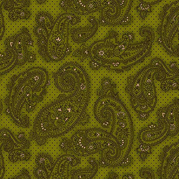 Green paisley fabric pattern with intricate designs and small dotted accents.