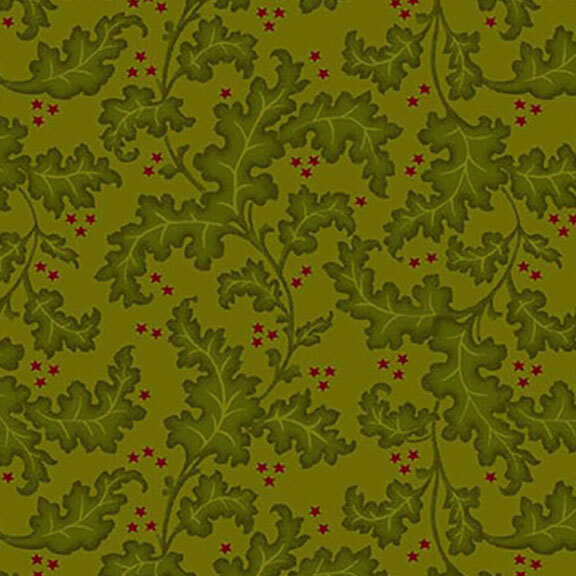 Pattern of green oak leaves with red stars on an olive green background.