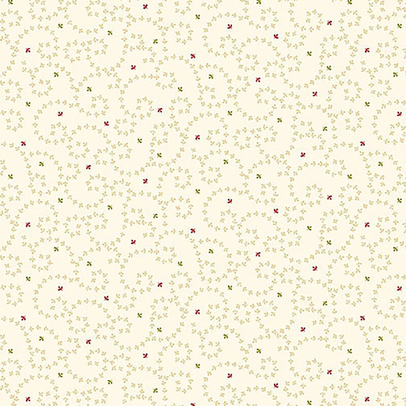 A light cream background with swirling patterns of green leaves and small pink flowers.