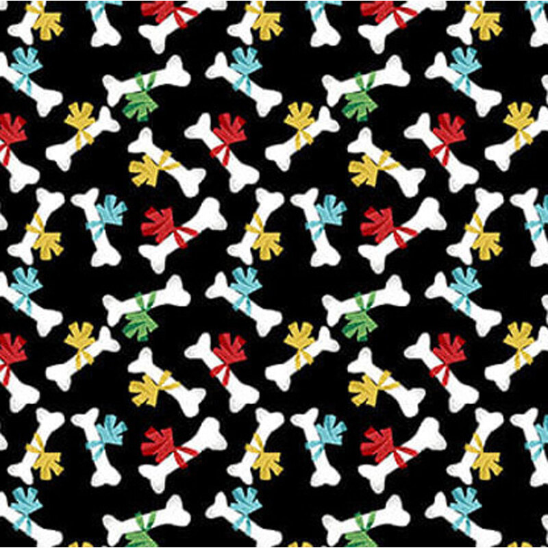 A black background featuring a pattern of colorful dog bones with ribbons in red, yellow, green, and blue