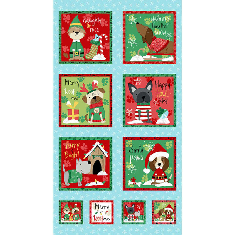 Aqua panel featuring holiday themed blocks of cartoon dogs with festive sayings and decorations.