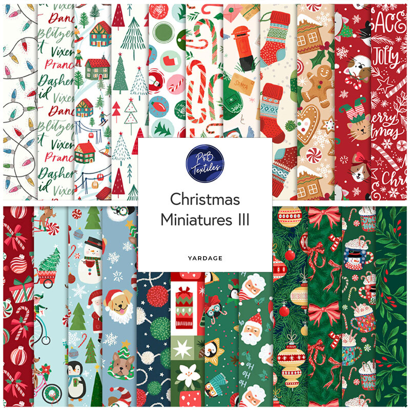 A collage of festive fabric designs featuring Christmas themes, with a label for Christmas Miniatures III.