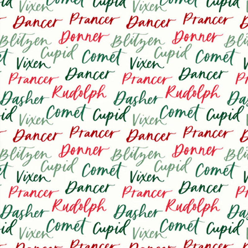 Background pattern featuring the names of Santa's reindeer in red and green cursive on a white background.