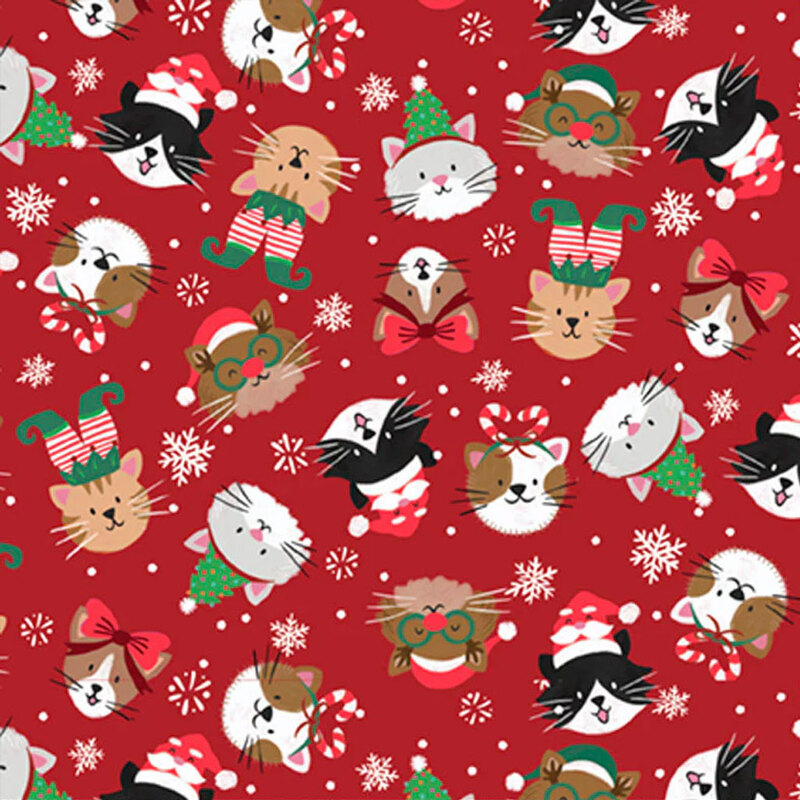 Pattern of festive cartoon cats wearing holiday accessories on a red background with snowflakes.