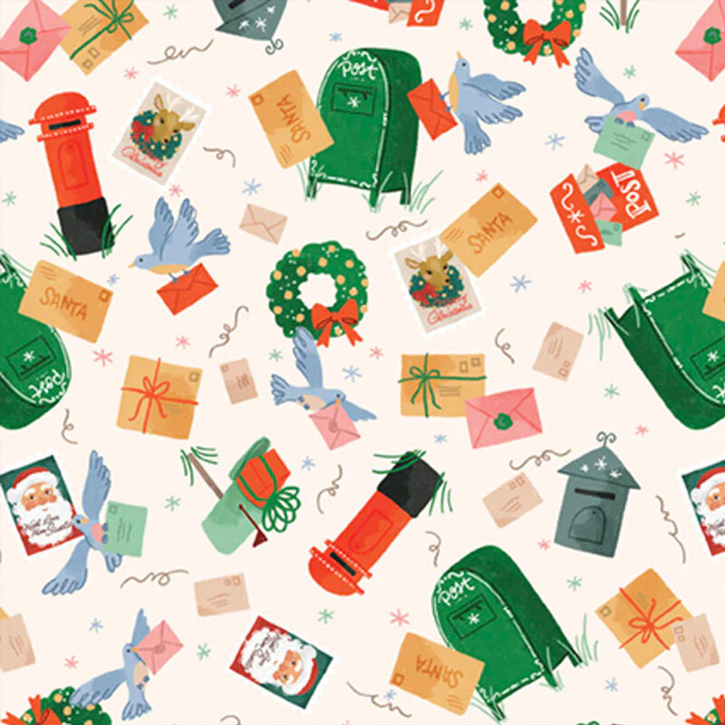 Colorful pattern featuring mailboxes, birds, letters, and holiday decorations on a light background.