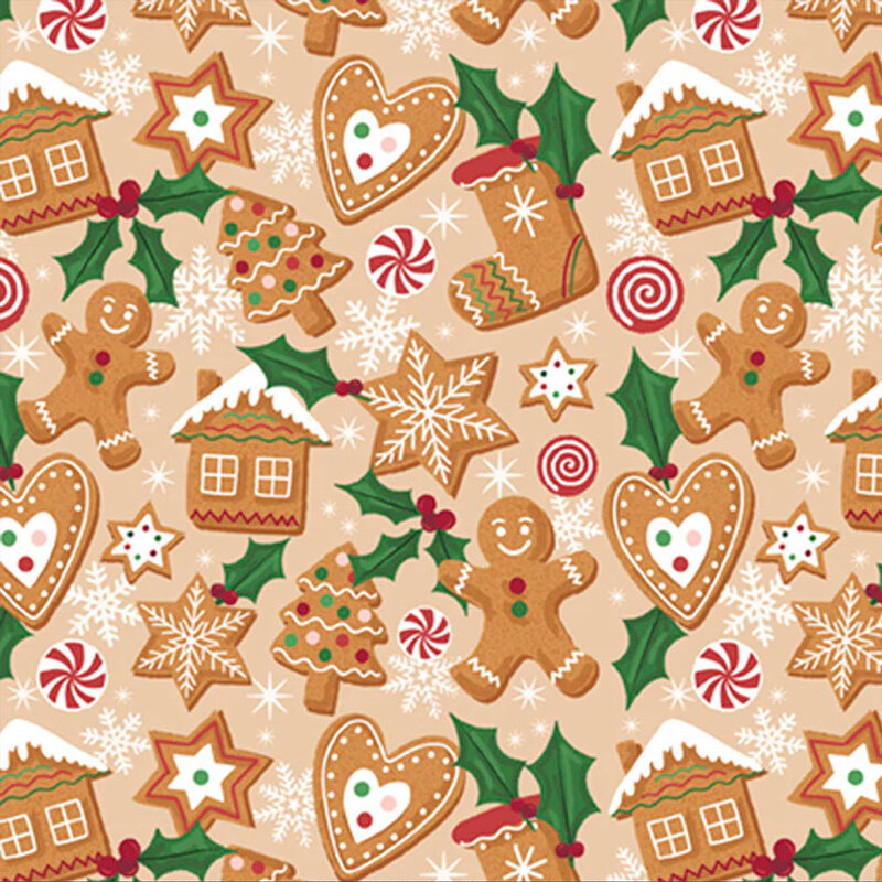 A festive pattern featuring gingerbread cookies, holiday decorations, stars, and candy on a tan background.