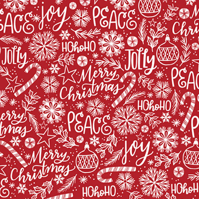 Red background featuring festive words and symbols: Merry Christmas, Joy, Peace, and snowflakes.