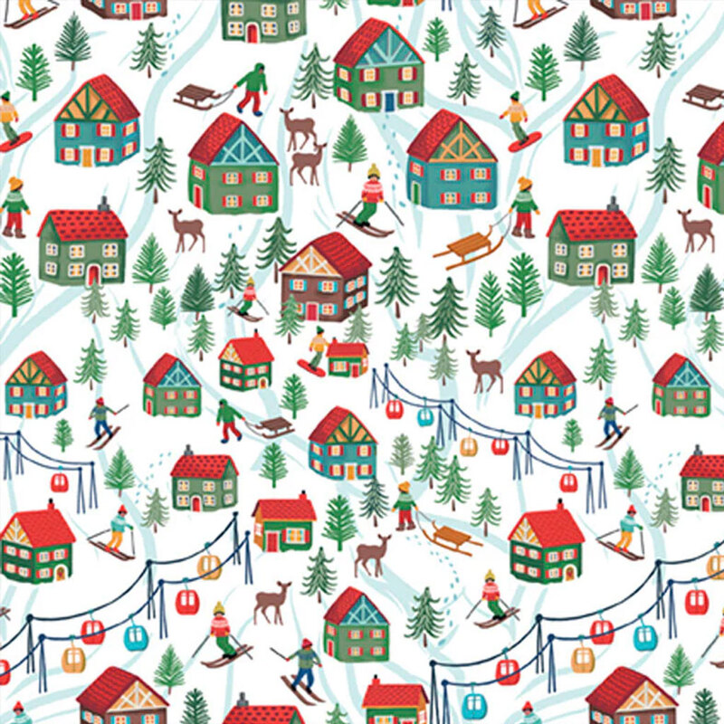 A whimsical winter scene featuring colorful houses, trees, skiers, and deer amidst snow.