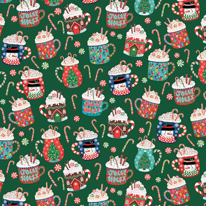 A festive pattern featuring colorful mugs of cocoa, candy canes, and snowmen on a green background.