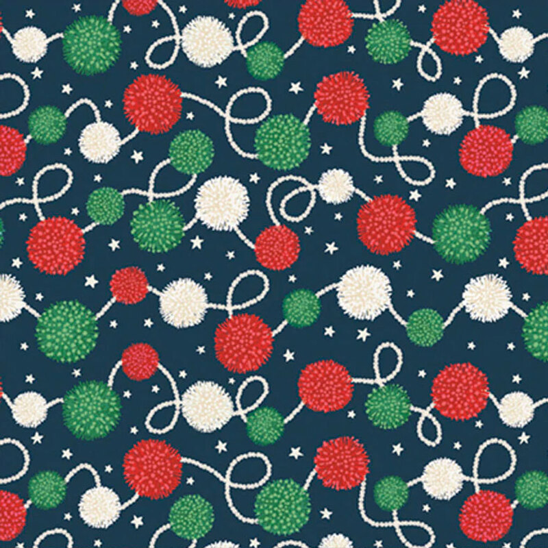 A festive pattern of red, green, and white pom-poms and loops on a dark blue background.