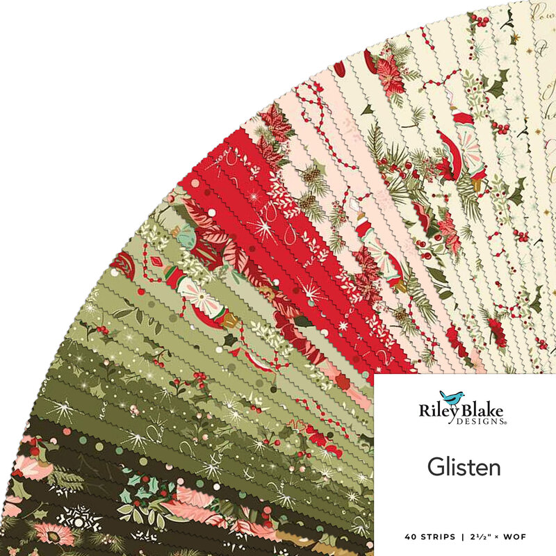 A fanned collage of red, green, black, white, and pink fabrics with a center label stating Glisten by Riley Blake Deisgns