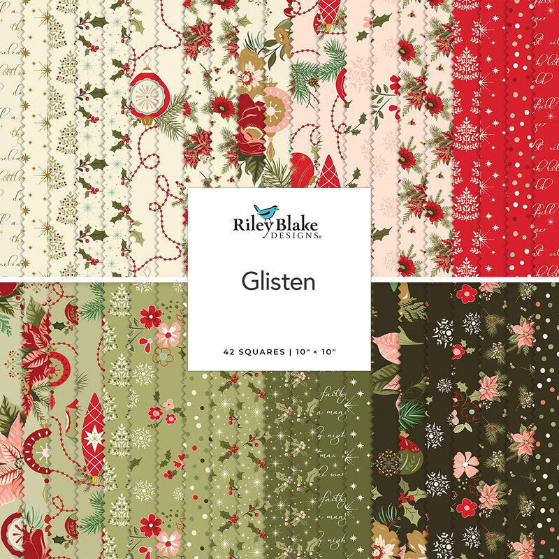 A stacked collage of red, green, black, white, and pink fabrics with a center label stating Glisten by Riley Blake Deisgns