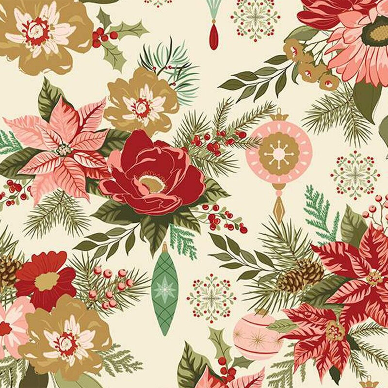 A festive fabric featuring red, pink, and cream flowers, greenery, and decorative accents on a cream background