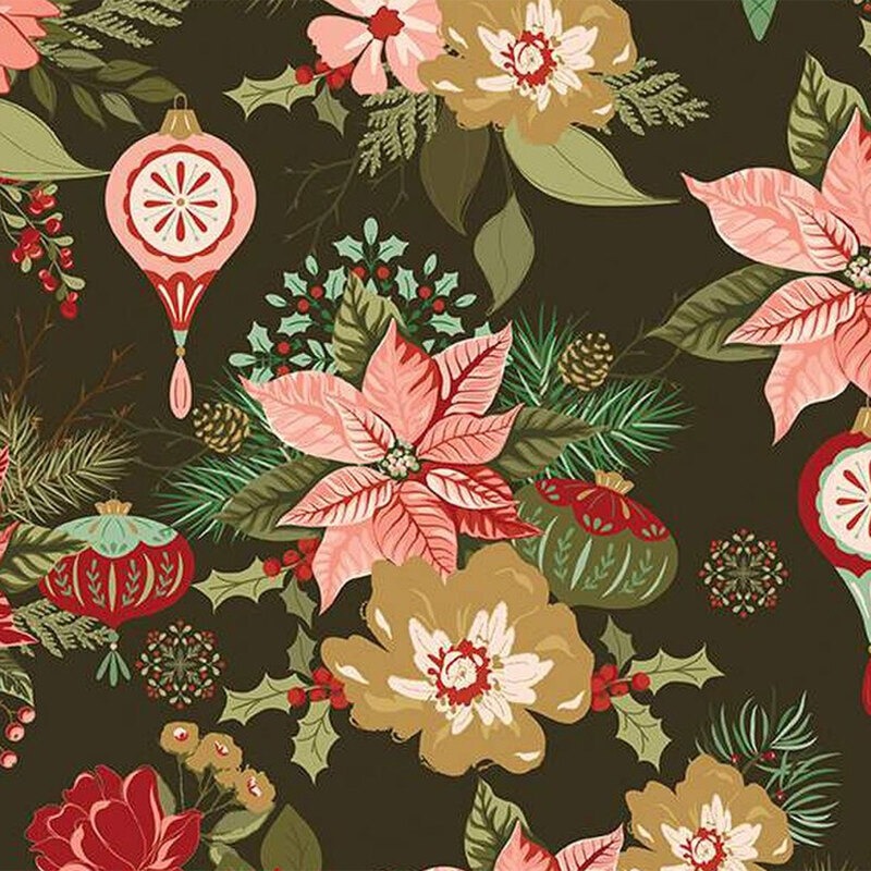 Floral fabric pattern that features poinsettias, ornaments, and greenery on a dark brown background.