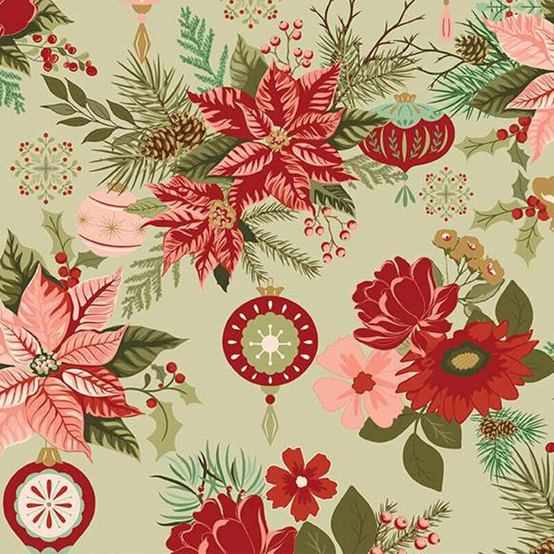 A floral fabric pattern featuring red poinsettias, green leaves, and ornaments on a light green background.